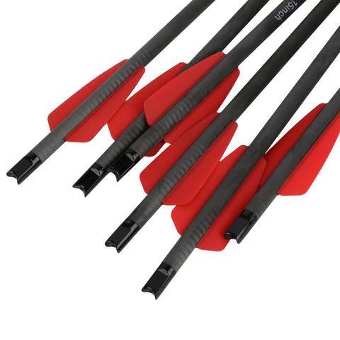 Close-up of Carbon Crossbow Bolts 15 Inch With 100 Grain Removable Tips For Hunting Target Shooting Archery Arrows Red Fletching