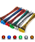 Lit 120 Piece LED Diode Light Kit with 6 colors, 12V 5mm lights, 7.9 inch UL wire, showcasing color-coded anode and black cathode wires.