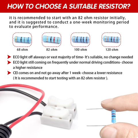Image showing how to choose a suitable resistor with options: 68, 82, 100, 120 ohm. Plug And Play Honda Acura VCM Muzzler Harness Disable Kit.