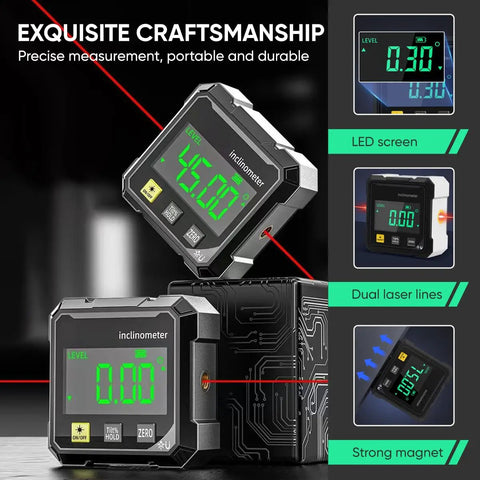 Dead Accurate Digital Angle Finder Measuring Tool With Heavy Duty Magnetic Back And Large Lcd Numbers For Woodworking Metalworking And Masonry Diy Builds, showing LCD display and dual laser lines.