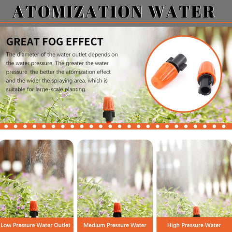 240Pcs Barbed Connectors Drip Irrigation Fittings Kit for sprinkler systems, showing atomization water flow with pressure variations.