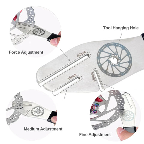 MTB And Road Bike Disc Brake Rotor Truing Tool Kit With Stainless 4mm Alignment Wrench, 3 Openings, And 4 Shims in use