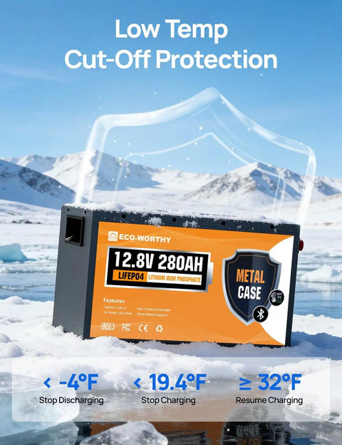 Beefed Up 12V 280Ah LiFePO4 Battery With Metal Case Bluetooth Low Temp Protection Built In 200A BMS on icy landscape