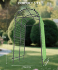 7.5 Ft Metal Garden Arch Trellis With Netting in outdoor setting, showing dimensions and weatherproof steel frame