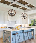Farmhouse Wood Orb Chandelier With Four Lights, Rustic Pendant Lighting For Kitchen Island, above a modern kitchen.