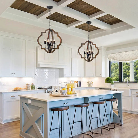 Farmhouse Wood Orb Chandelier With Four Lights, Rustic Pendant Lighting For Kitchen Island, above a modern kitchen.