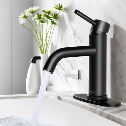 Modern Single-Handle Black Stainless Steel Bathroom Faucet With Deck Plate And Pop Up Drain, Fits 1 And 3 Hole Vanities