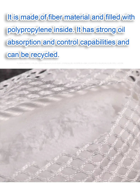 Close-up of Rugged Workhorse Oil Only Absorbent Booms Five Pack Reusable Polypropylene Cleanup Fences With Reinforced Mesh showing fiber material and polypropylene filling.