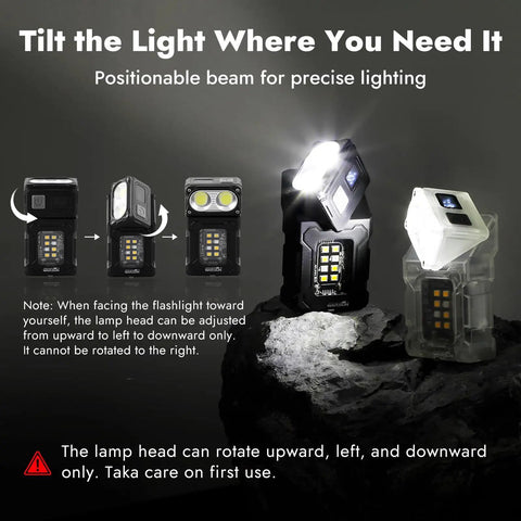 Rechargeable EDC Flashlight With Rotating Head, 800 Lumen Compact Magnetic Clip Light, USB-C positioned on a rock.