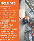 Magnetic base drill mounted on steel beam beside orange INCLUDES accessories panel.