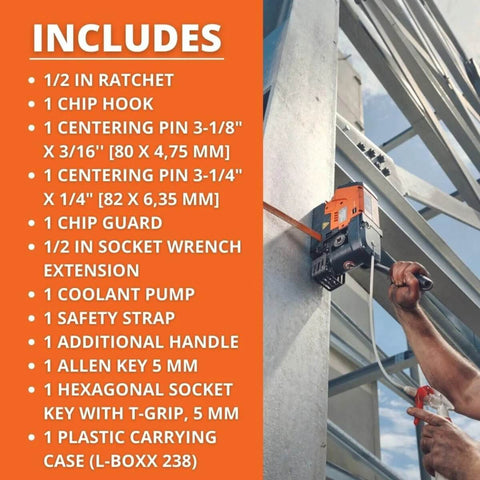 Magnetic base drill mounted on steel beam beside orange INCLUDES accessories panel.
