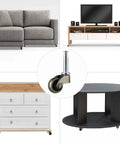 Swivel Stem Caster One Inch Wheel Zinc Alloy With Socket Replacement For Coffee Tables Chests Of Drawers Nightstands And Ottomans 360 Lb Load Capacity Elevates By About One Point Three Inches Wheel Diameter One Inch Stem Diameter Three Eighths Inch illustrated with furniture applications.