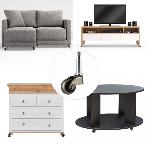 Swivel Stem Caster One Inch Wheel Zinc Alloy With Socket Replacement For Coffee Tables Chests Of Drawers Nightstands And Ottomans 360 Lb Load Capacity Elevates By About One Point Three Inches Wheel Diameter One Inch Stem Diameter Three Eighths Inch illustrated with furniture applications.