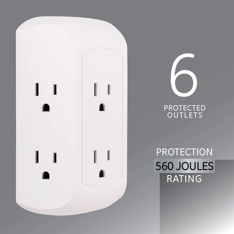 Six Outlet Surge Protector Wall Tap With Side Access And Spaced Outlets For Bulky Chargers 560 Joules UL Listed 3 Prong Power Strip Charging Station White