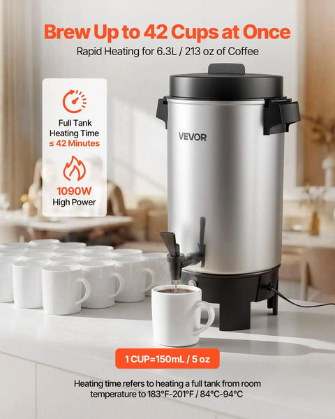 Big Batch 40 Cup Coffee Urn With Dripless Faucet And 203oz Capacity on a countertop with mugs, ideal for catering events