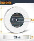 8 Inch 120 Grit White Aluminum Oxide Bench Grinding Wheel For Pedestal Grinders, 1 Inch Thick, 5/8 Inch Arbor with label