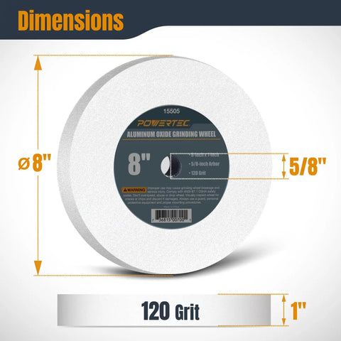 8 Inch 120 Grit White Aluminum Oxide Bench Grinding Wheel For Pedestal Grinders, 1 Inch Thick, 5/8 Inch Arbor with label