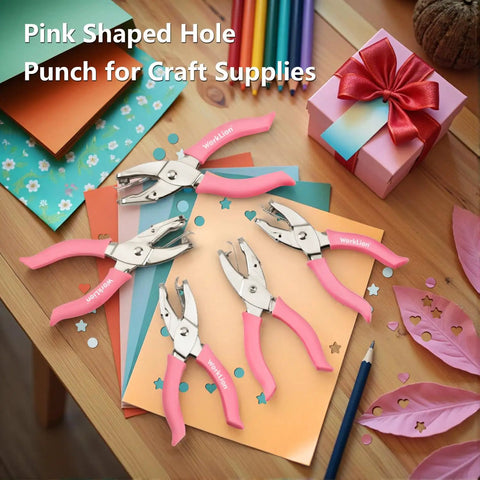 Mini Hole Punch Set 5 In 1 With Heart Star And Circle Punches for paper crafts and DIY projects displayed on a colorful craft table.