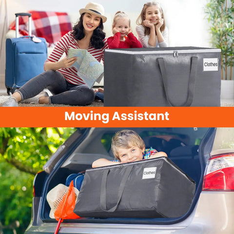 Beefy Heavy Duty Moving Bags Set 6 Pack 93L storage bag with zippers used for packing clothes, shown in a family travel setting.