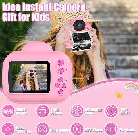 Instant Print Kids Camera For Girls And Grandkids With 1080P HD Video Easy To Use Toy Camera Thermal Printer Includes SD Card Pink Color Perfect Gift For Ages Four Through Ten, pink camera with girl printing photo