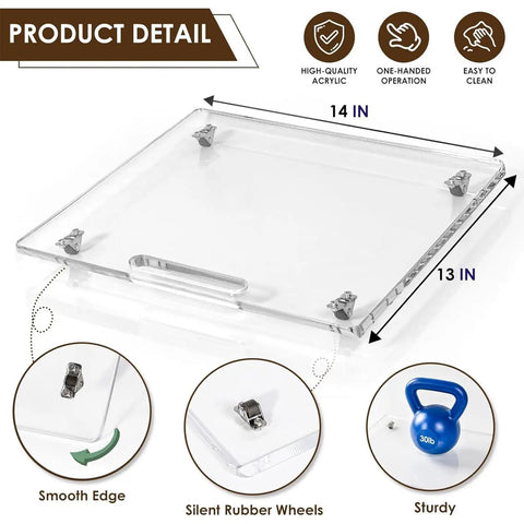 Top Shelf Slick Sliding Tray For Coffee Maker With Noiseless Rolling Station Board and Heavy Duty Pull Handle, 14 in x 13 in acrylic tray.