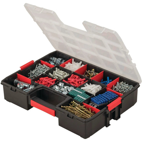 Large Storage Organizer With 15 Compartments, Removable Dividers, Secure Lids, And Stackable Design for tools and small parts