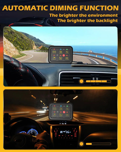 Beefy Six Gang Switch Panel With Electronic Relays For DC12V Systems, auto-dimming LED display in car dashboard.