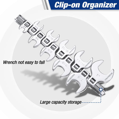 Beefy Three Eighths Inch Drive Crowfoot Wrench Set, Ten Piece SAE Auto Tool Kit Wrenches, Heavy Duty Carbon Steel, Heat Treated, Chrome Plated, Laser Marked on clip-on organizer