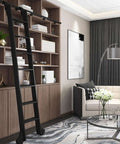 Black Sliding Barn Door Hardware Kit with Ladder in modern living room, attached to wooden bookshelf, heavy duty steel rails