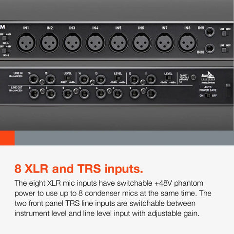 Rear view of a Rackmount USB Audio and MIDI Interface with 16 mic or line inputs and 8 outputs, showing XLR and TRS inputs.
