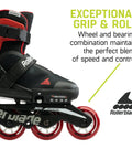 Microblade Free 3WD Kids Adjustable Inline Skates With Lace Free Closure And 4 Size Range In Black And Red, side view