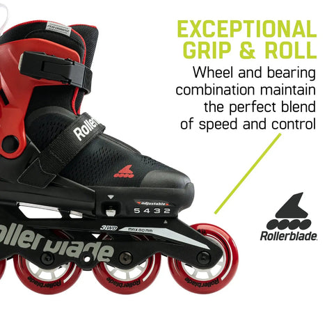 Microblade Free 3WD Kids Adjustable Inline Skates With Lace Free Closure And 4 Size Range In Black And Red, side view