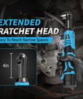Cordless Ratchet Wrench Set With 16.8V Beefy Power 45 Ft Lbs Torque 550 RPM Dual Cooling Extended Run Time Heavy Duty Build Includes 2x 2Ah Batteries One Quarter Inch Adapter 3 Inch Extension Bar Variable Speed Electric Tool Kit In Blue, 4in extended head in tight automotive space