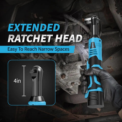 Cordless Ratchet Wrench Set With 16.8V Beefy Power 45 Ft Lbs Torque 550 RPM Dual Cooling Extended Run Time Heavy Duty Build Includes 2x 2Ah Batteries One Quarter Inch Adapter 3 Inch Extension Bar Variable Speed Electric Tool Kit In Blue, 4in extended head in tight automotive space