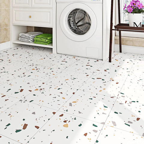 Laundry room with Terrazzo Peel And Stick Floor Tiles 12x12 Inch 32 Pack Waterproof Vinyl Sheet Flooring For Bathroom And Kitchen.