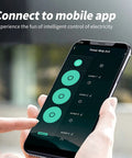 User controlling No Fuss Next Gen Smart Power Strip Featuring Lightning Fast Usb C Ports And Ble App Sync via mobile app.