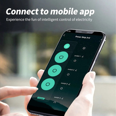 User controlling No Fuss Next Gen Smart Power Strip Featuring Lightning Fast Usb C Ports And Ble App Sync via mobile app.