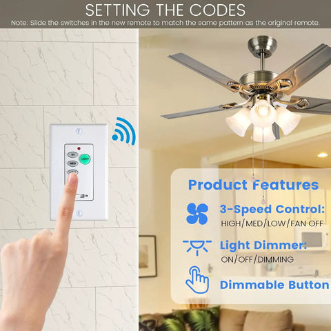 All In One Ceiling Fan Remote Control Kit With Light Dimmer And 3 Speed Control, Wall Mount Ready with ceiling fan in living room.