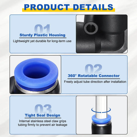 Product details of 2 Pack Push To Connect 90 Degree Pneumatic Air Fittings, plastic blue elbow with tight seal design