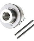 Beefy 3.25 Inch Wood Lathe Chuck With 1 X 8 TPI Pre Threaded Mount, showing reversible jaws and two tightening rods