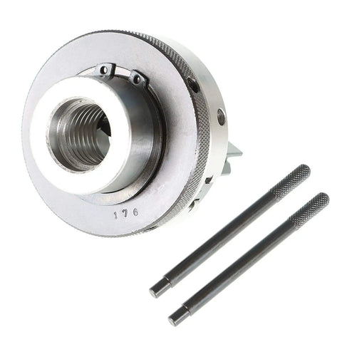 Beefy 3.25 Inch Wood Lathe Chuck With 1 X 8 TPI Pre Threaded Mount, showing reversible jaws and two tightening rods