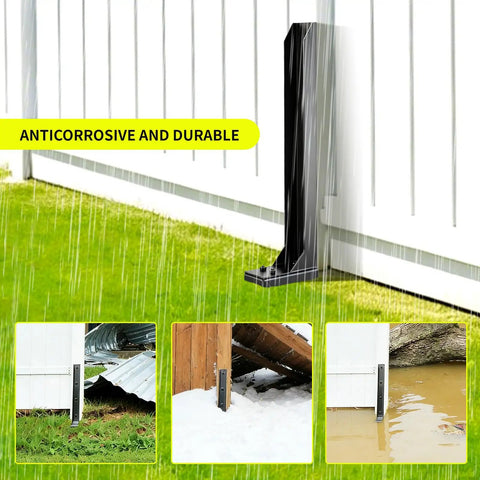 Two Pack Fence Post Repair Kit Fix Rotting Or Damaged Wood Posts Without Replacing Them With Heavy Duty Steel Brackets And Concrete Anchors For Permanent Stabilization And Lasting Value shown installed on various fences in rain, snow, and muddy conditions.