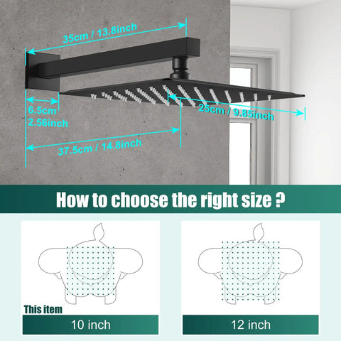 Dimensions of Square Rain Shower System 10 Inch Matte Black With 2 In 1 Handheld Sprayer And Fixed Head Wall Mount Rough In Valve High Pressure Shower Fixture Kit Including Arm Hose Holder