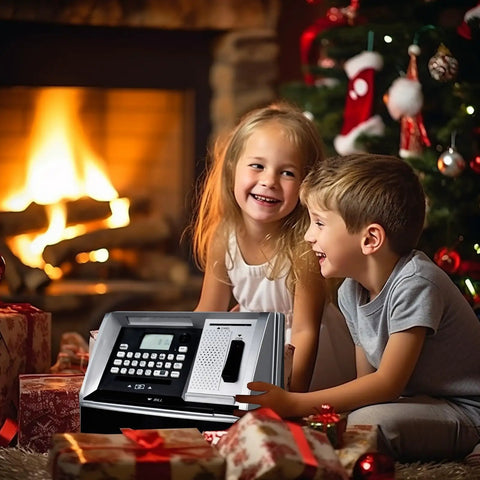 Kids using Kid Friendly ATM Piggy Bank With Electronic Coin Counter Card And Password Mini ATM Machine For Kids by a Christmas tree
