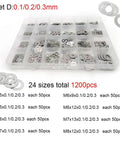 Ultra Thin Stainless Steel Flat Washer And Shim Set M2 Through M8 Gasket Assortment Kit 500 750 1200 Pcs 304 316 Stainless With Smooth Edges For Tight Fit And Compact Assemblies Pro Grade Space Saving, 1200-piece M2-M8 kit in organizer