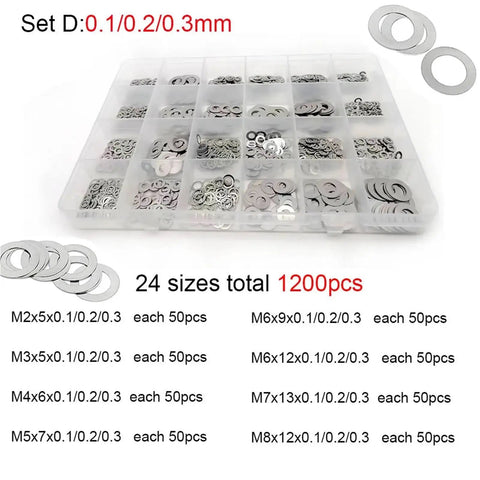 Ultra Thin Stainless Steel Flat Washer And Shim Set M2 Through M8 Gasket Assortment Kit 500 750 1200 Pcs 304 316 Stainless With Smooth Edges For Tight Fit And Compact Assemblies Pro Grade Space Saving, 1200-piece M2-M8 kit in organizer