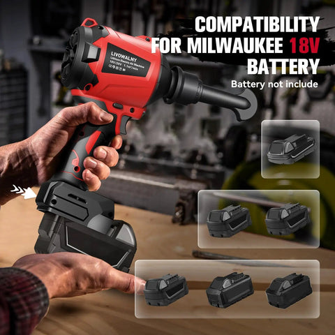 Cordless Air Blower Dust Duster For Milwaukee 18V shown in workshop setting with compatibility battery images.