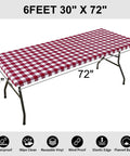Buffalo Plaid Elastic Waterproof Fitted Vinyl Tablecloth With Flannel Backing Windproof Non Slip Outdoor Dining Table Cover For Camping And Backyard Hangouts Burgundy And White 30 By 72 shown on a table