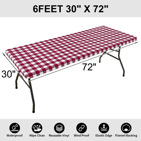 Buffalo Plaid Elastic Waterproof Fitted Vinyl Tablecloth With Flannel Backing Windproof Non Slip Outdoor Dining Table Cover For Camping And Backyard Hangouts Burgundy And White 30 By 72 shown on a table