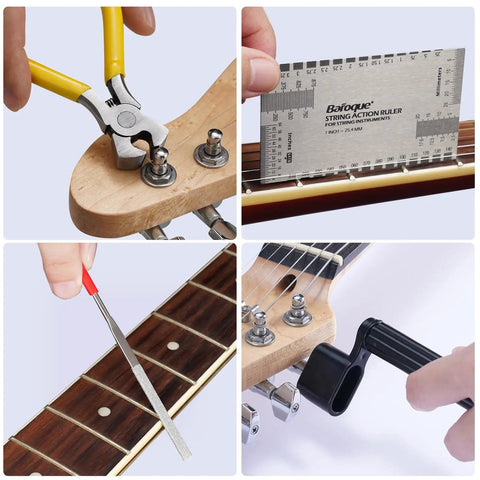 Complete 72-Piece Guitar Tool Kit For Repairs And Setup - Pro-Grade Luthier Tools being used on guitar parts.